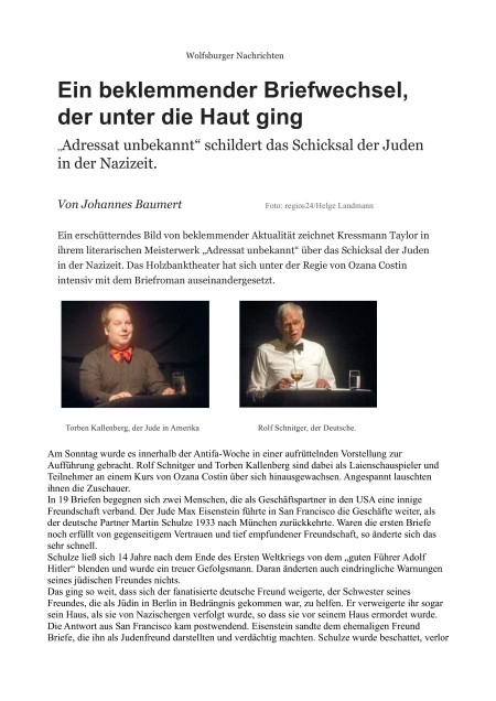 „adressat unbekannt“ schildert das schicksal der juden in der nazizeit-001